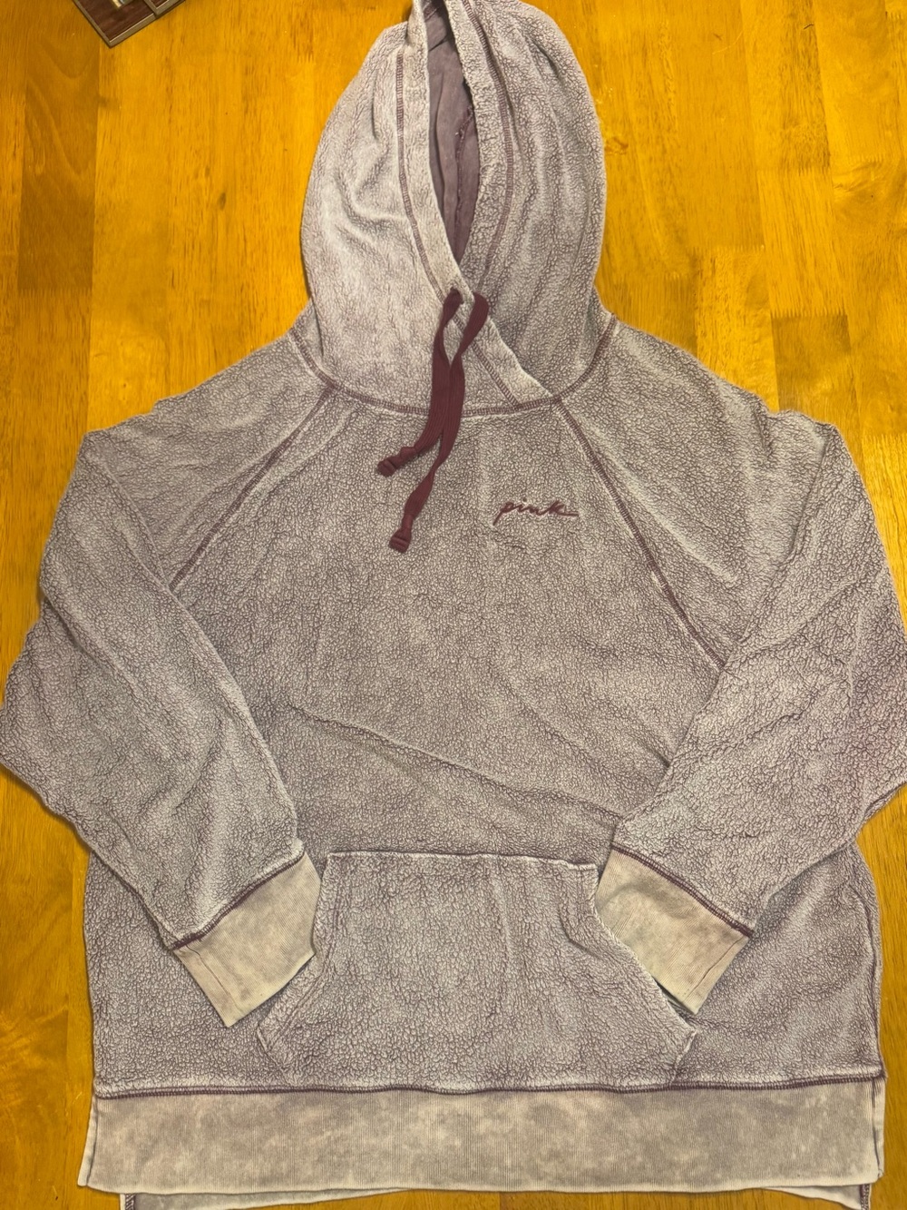 PINK Victoria's Secret Lavender Plush Hooded Pullover with Maroon Drawstrings